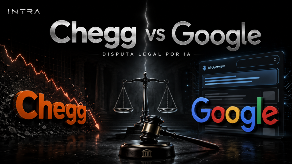 Imagen sobre la demanda de Chegg contra Google por el impacto de AI Overviews en el tráfico orgánico, con elementos visuales de disputa legal.